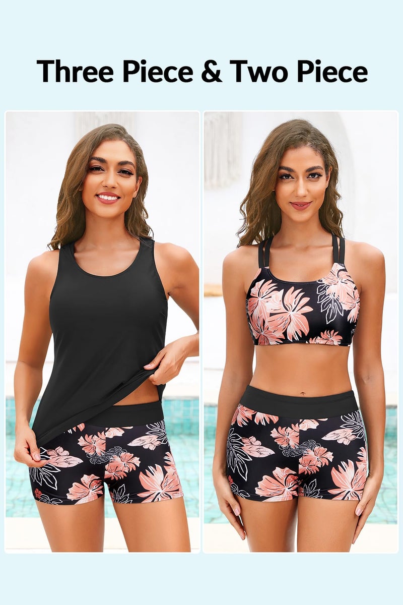 Yonique 3 Piece Tankini Swimsuits for Women Bathing Suits with Boy Shorts and Swim Tank Top Bra Modest Swimwear Black and Orange M - Image 2